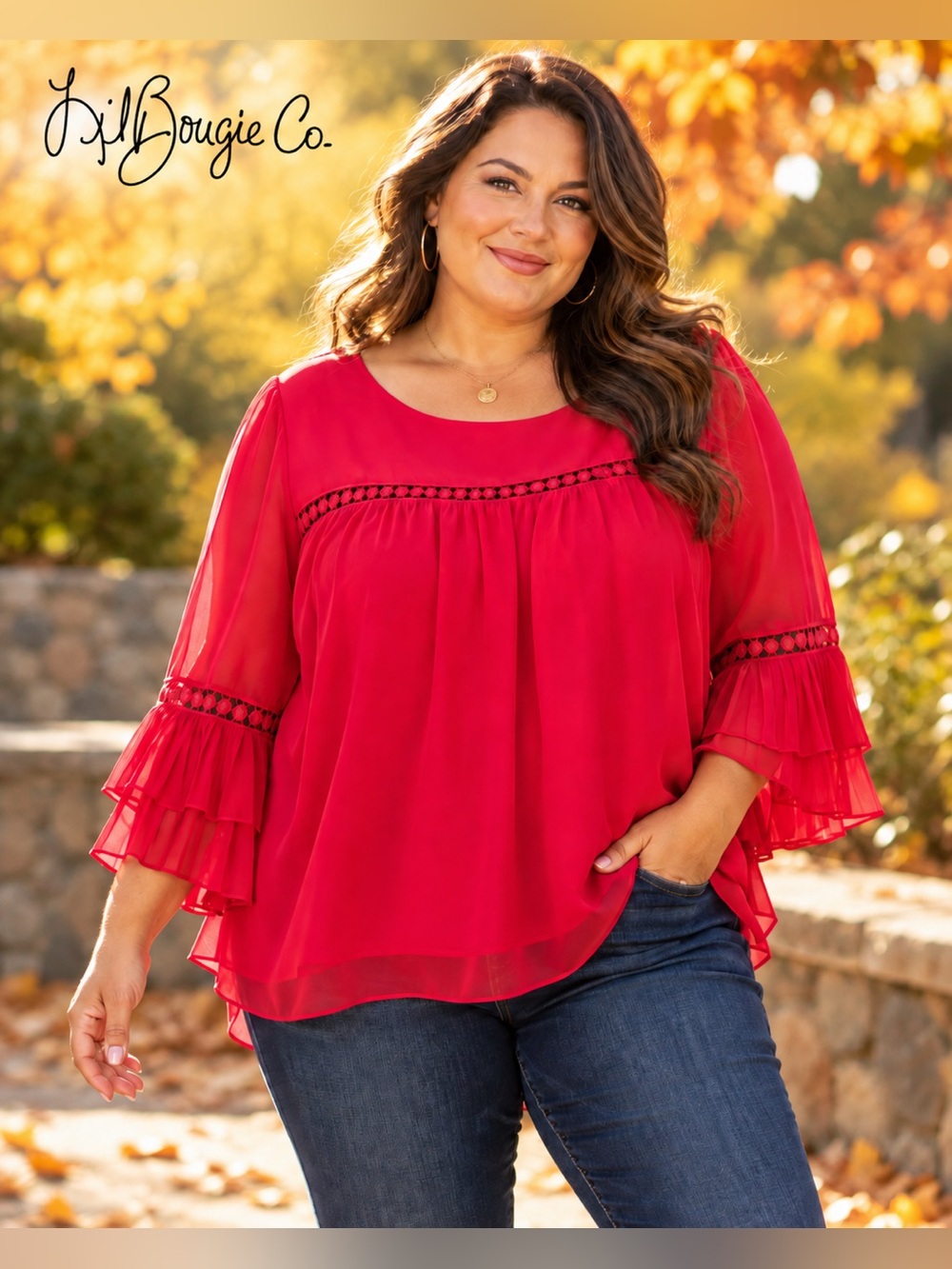 Lane Bryant Women’s Plus Size 22/24 Red Chiffon Bell Sleeve Crochet Trim Blouse